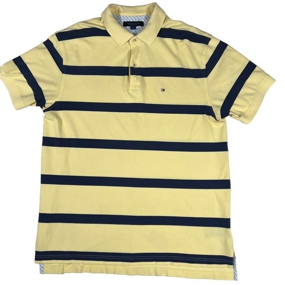 Tommy Hilfiger Men's Polo Shirt XL Yellow Blue Striped Short Sleeve Casual - Picture 1 of 7
